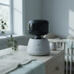 플러스 베이비 신생아 홈CCTV A smooth, light oak bedside table with a