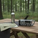 서바이복스 재난라디오 Resting on a reclaimed wood picnic table