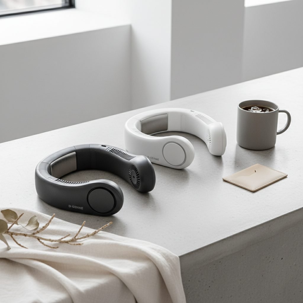 아이스 넥밴드 선풍기 surface: Polished concrete countertop. c