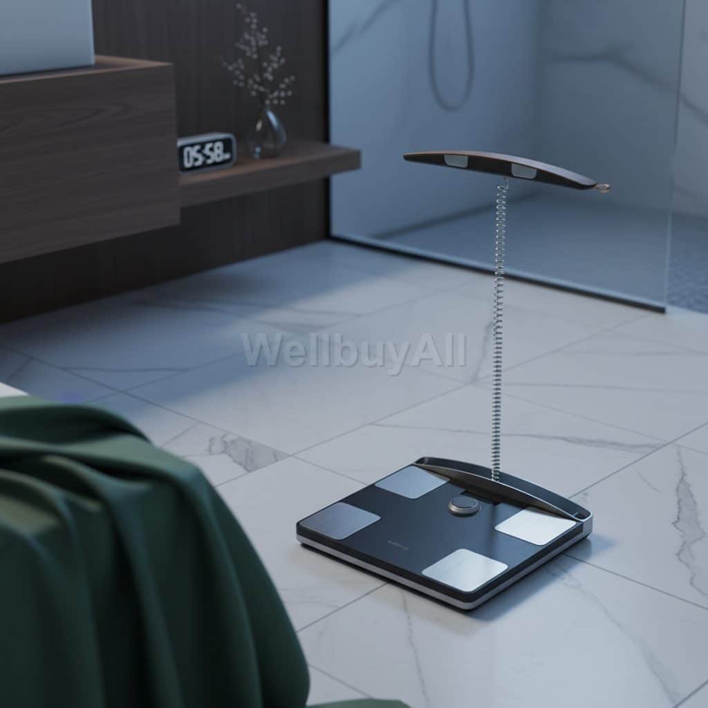 가정용 인바디 체중계 Surface: White marble tile with subtle